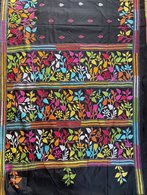 Black floral Kantha Silk Saree from Bengal